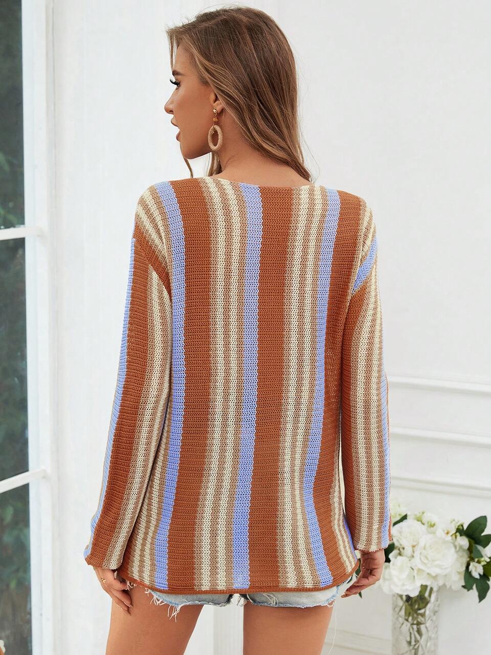 Color Block Stripe Printed Asymmetric Collar Long Sleeve Knitted Top