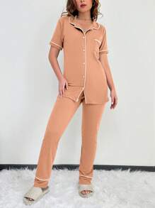 RueChic Conjunto De Pijama Para Mujer De Dos Tonos Con Mangas Cortas - Rosa - Ver 4