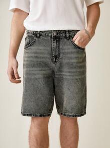 Manfinity Hypemode Quần Short Denim Bermuda dáng rộng có khóa kéo dành cho nam, cạp trễ - Xám - Xem 1