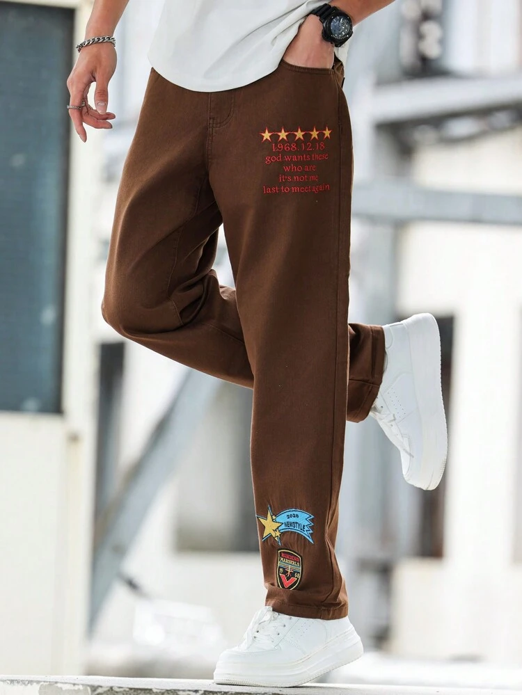 Men's Casual Flame Slogan Printed Straight Leg Jeans