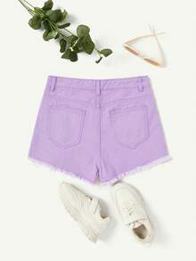 SHEIN 青少年女生牛仔短褲，設有口袋，破洞設計和鬆散的下擺 - 紫色 - 查看 2