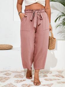 SHEIN Frenchy Damen Große Größen Hose aus Baumwoll-Musselin in einfarbigem Design mit Falten und elastischem Bund und großen Taschen, Caprihose - Pink - Übersicht 5