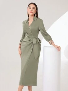 Modelyn Women's Glitter Lace-Up Pleated Solid Color Long Sleeve Dress For Daily Wear Long Evening Dresses