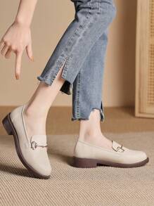 Women's Work Shoes, Fashion Round Toe Apricot Flat Slip-On Loafers Casual Shoes, Suitable For Spring, Autumn & Winter