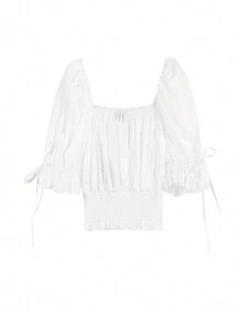 Women's Fashionable Sweet Summer Solid Color Smocked Waist Puff Sleeve Blouse