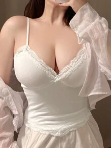 DAZY 女士夏季純色蕾絲拼接修身背心上衣 - 白色 - 查看 1