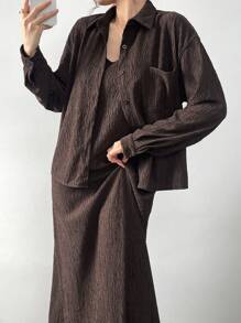 Mulvari 女士简约纯色日常长袖衬衫和吊带裙 2 件套 2 件套 - 咖啡棕 - 查看 3