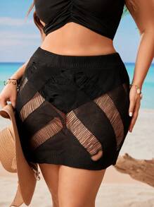 SHEIN Swim Curve Summer Beach Plus Size Women's Solid Color Simple Daily Wear Hollow-Out Cover Up Skirt - Black - View 4