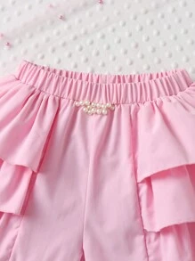 SHEIN Explorewe 少女夏季可愛的2件套裝，打結飾邊背心和褶邊拼接短褲 - 粉色 - 查看 7