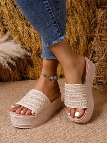 Calçados esportivos femininos respiráveis, abertos, com tira de malha e sola antiderrapante - Sapatos de praia casuais e exclusivos para todas as estações, adequados para férias, escritório e uso casual, sandálias plataforma multiuso | Sapatos de cor neutra | Salto alto plataforma à prova d'água - Damasco - Ver 5