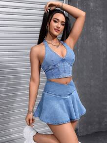 SHEIN EZwear Falda cruzada de mezclilla con unicolor y diseño simple para uso diario de mujer - Lavado ligero - Ver 3