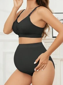 Ladies' Solid Color Gathered Simple Bra And Panties Set - Black - View 3