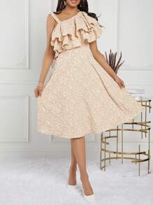 SHEIN Lady 女士不對稱肩褶邊中長禮服，夏季婚宴賓客服裝 - 杏色 - 查看 4