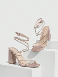 CUCCOO CURVES Plus Size Women's Classic Comfortable Ankle Strap Rhinestone Sandals In Beige