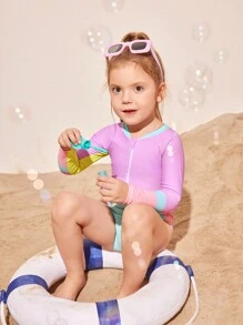 SHEIN Young Girl Colorblock Zipper Halter Long Sleeve Casual One-Piece Swimsuit - Multicolor - View 3