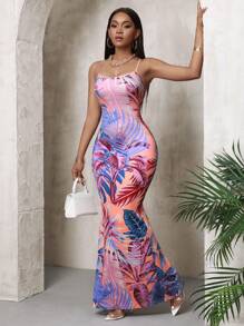 Slaydiva 休闲性感优雅女士无袖修身吊带连衣裙，植物印花，度假完美之选 - 紫色 - 查看 4