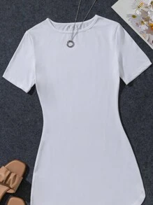 INAWLY Women Summer Solid Color Round Neck Short Sleeve Curved Hem Dress