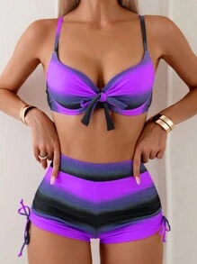Swim Lushoire 女士色塊系帶前綁高腰比基尼泳衣套裝，三角底泳褲，適用於海灘度假 - 彩色 - 查看 1