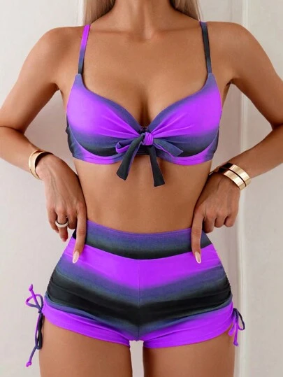 Swim Lushoire Conjunto de bikini para mujer con corte alto en bloqueo de color y corbata frontal con Bottom de triángulo, ideal para vacaciones en la playa