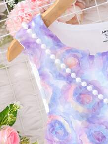 Tween Girls' Floral Printed Sleeveless Mesh Splice Dress With Bag - Purple - View 5