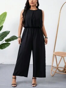 SHEIN LUNE Plus Size Black Sleeveless Jumpsuit With 2 In 1 Design For Summer Casual Outfits - Black - View 3
