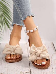 蝴蝶結拖鞋，女士時尚沙灘鞋，防滑平底涼鞋，戶外時尚拖鞋 - 米色 - 查看 3