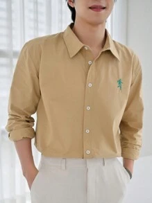 DAZY Men's Simple Embroidered Shirt For Daily Wear, Spring Autumn Long Sleeve Men Shirt Business Attire