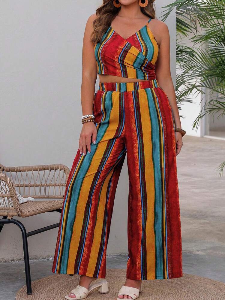 Plus Size Color Blocking Stripe Wrap Crop Top And Wide Leg Pants Set For Vacation Leisure