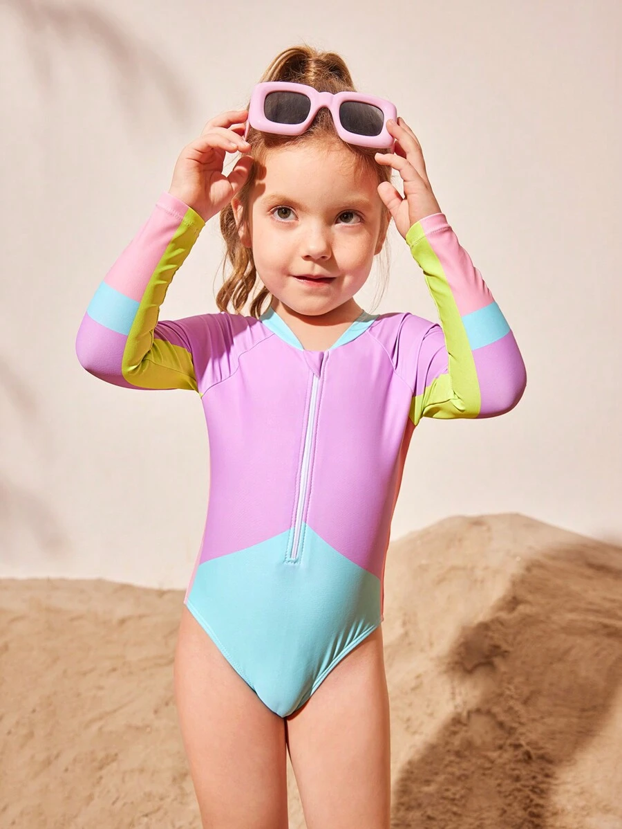 SHEIN Young Girl Colorblock Zipper Halter Long Sleeve Casual One-Piece Swimsuit - Multicolor - View 1