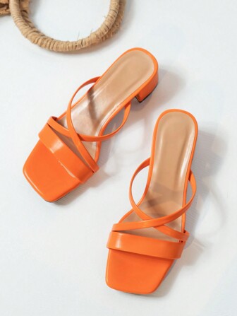 Women's Orange High Heel Sandals, Peep Toe Chunky Heel Strappy Elegant Mule Style PU Leather Shoes