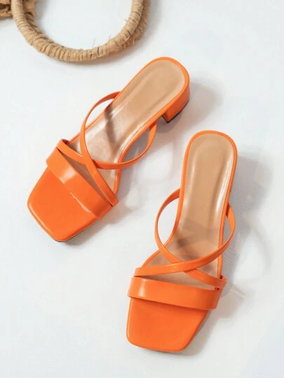 Sandalias de tacón alto naranja para mujer de primavera/verano, zapatos de cuero PU con tacón grueso, estilo mula elegante con punta abierta y correas