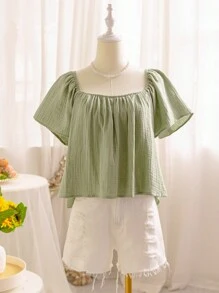 Soleia 女士夏季休闲纯色纹理褶皱短袖衬衫、短袖上衣