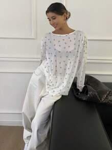 DAZY Damen Top mit dünnen Langärmeln, Blumenmuster, ausgeschnittenem Rücken und rundem Ausschnitt, Neckholder, Rüschen