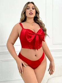 2pcs/Set Plus Size Underwear With Bow Detail And Underwire Bra & Panty - Red - View 4