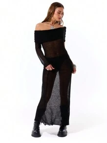 MUSERA 单肩透视针织长连衣裙 - 黑色 - 查看 4