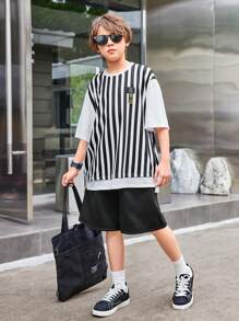 Tween Boy 2 peças/conjunto de ajuste solto casual listrado 2 em 1 camiseta de manga curta e shorts - Preto - Ver 8