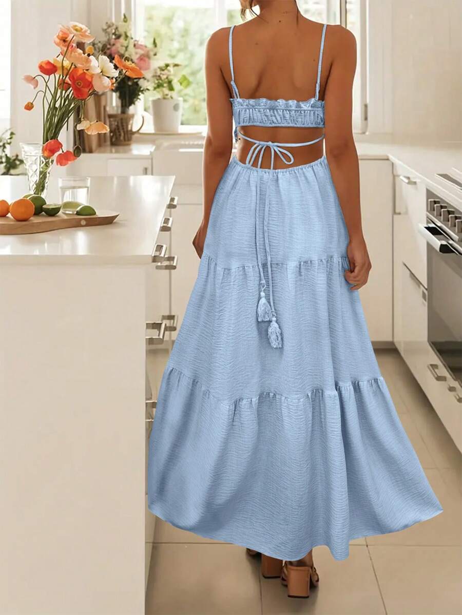 Breezaya Vestido largo de verano de unicolor con tirantes, volantes en el dobladillo, sin mangas y con adornos de pliegues para mujer - Celeste - Ver 1