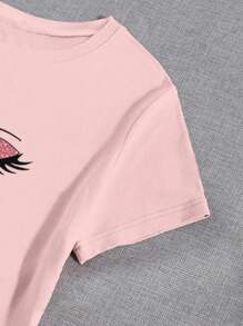 SHEIN 女士时尚宽松眼睛印花短袖 T 恤，带热转印图案，图形 T 恤，女式上衣