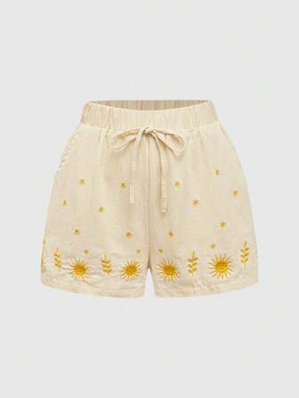 Fairycore Shorts de pierna ancha para mujer bordados con girasoles, flores, plantas y hojas para vacaciones ocasionales