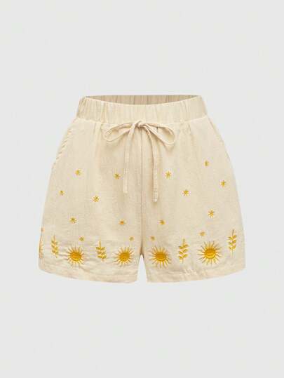 Fairycore Pantaloncini casual larghi a vita alta da donna con ricamo di girasoli, fiori, piante e foglie per le vacanze