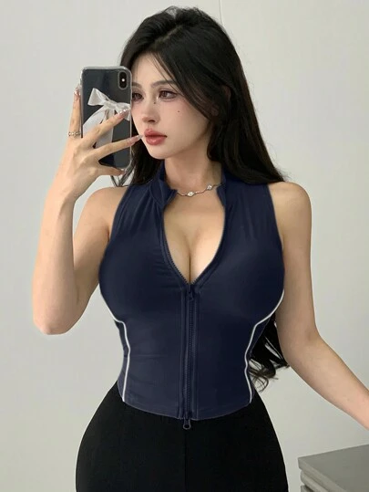 DAZY 女式夏季修身撞色反光条纹背心性感女式上衣