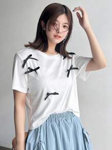 FRIFUL 女士圆领蝴蝶结装饰短袖T恤夏季可爱上衣 - 白色 - 查看 1