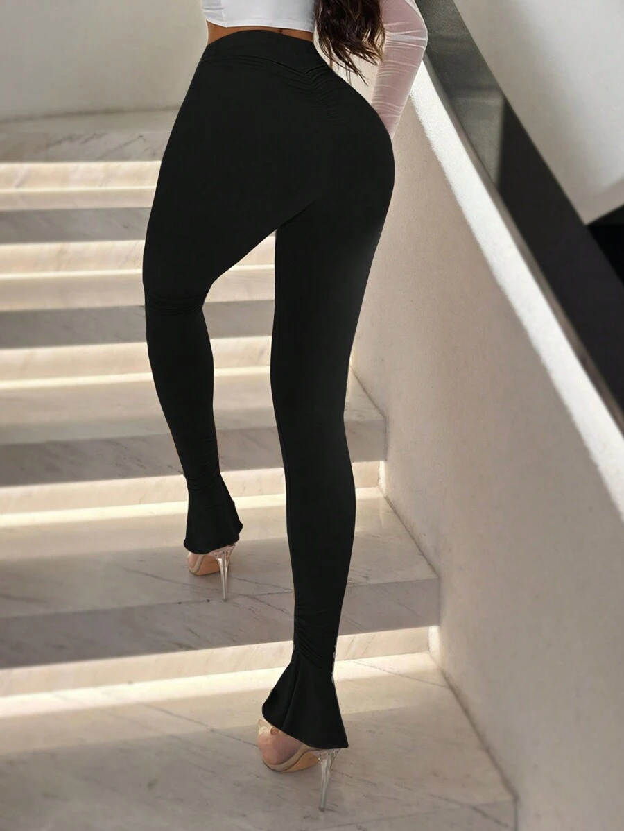 SHEIN SXY Women's Knitted Slim Fit Wide Leg Flared Pants With Folded Edge - Black - View 1