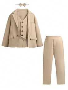 SHEIN 4pcs/Set Young Boy Gentleman Suit, Including Jacket, Vest, Pants, And Bow Tie. Suitable For Parties And Back-To-School Ceremonies. - Khaki - View 3