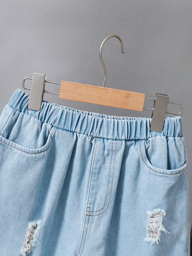 2pcs/Set Tween Boy Street Style Printed T-Shirt And Denim Shorts