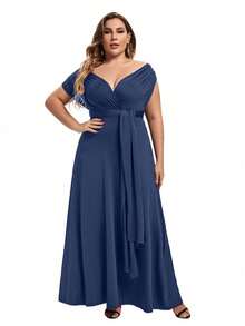 Plus Size Solid Color Off-Shoulder Ruched Criss-Cross Back Dress - Blue - View 5
