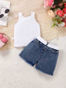 SHEIN Baby Girl Casual Cute Letter Printed Top & Distressed Denim Shorts