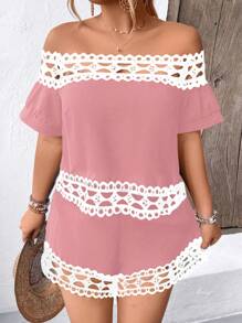 Calvaya Conjunto casual de top y shorts con hombros descubiertos y encaje con bloques de color contrastante de talla grande para vacaciones - Rosa - Ver 4