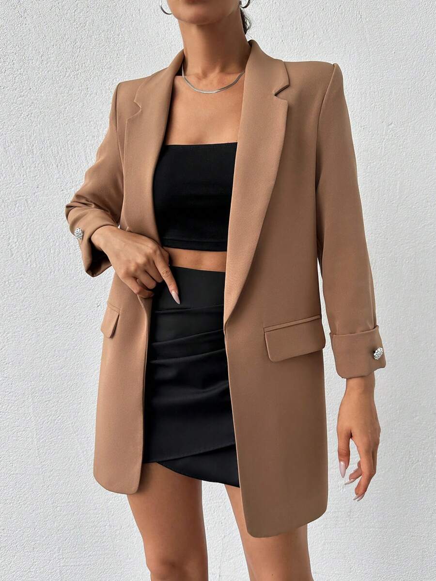 EURMUSE Women's Spring And Autumn Slim Lapel Long Sleeve Daily Commute Suit Jacket - Mocha Brown - View 1