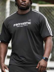 Gym Rark Plus Size Men Summer Casual Striped "Fantastic" Letter Printed Round Neck Short Sleeve T-Shirt - Black - View 1